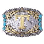 Btilasif Western Belt Buckle Cowboy Rodeo Initial Letters ABCDEFG to Z Turquoise Belt Buckle for Men Women (T)