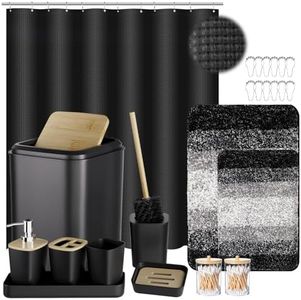XLHOMO 24PCS Bathroom Sets with Shower Curtain and Rugs,Black Bathroom Accessories Set Waterproof Black and White Shower Curtain Set, Toilet Brush, Trash Can & Bathroom Rug