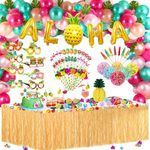 Hawaiian Tropical Party Decorations Set, Hawaiian Balloon Garland Hawaiian Luau Grass Table Skirts, Aloha Foil Balloon,Hawaiian Flowers & Palm Leaves, Summer BBQ Tiki Bar Party Supplies