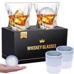 Mfacoy Old Fashioned Whiskey Glasses Set of 4 (2 Crystal Bourbon Glasses, 2 Round Big Ice Ball Molds 11 Oz Rocks Glass with Gift Box, Barware for Scotch Cocktail Rum Vodka Liquor, Gifts for Men