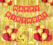 Flyloons 41st Birthday Decoration items for Girls Boys Husband Wife Valentine with Gold and Red Balloons, Red Happy Birthday Banner, Golden Foil curtains, Foil Balloon number 41