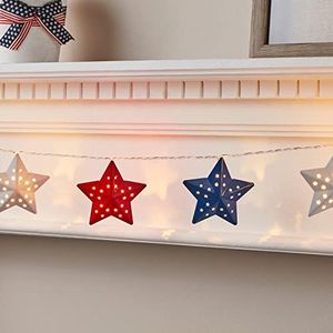 Lights4fun 12 Red, White & Blue Metal Star Battery Operated String Fairy Lights with Timer Coronation Party Decoration 1.65m