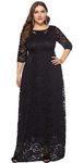 FEOYA Women Retro Floral Lace 2/3 Sleeve Maxi Dress for Evening Cocktail Party Black