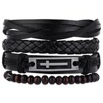 Yolev 4pcs Leather Bracelet Set for Men Women, Cross Charm Black Brown Wide Wristband, Woven Leather Bracelet, Cuff Wrap Bracelet Set, Elastic Adjustable Length