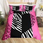 Manfei Kids Leopard Duvet Cover Set Twin Size, Love Heart Comforter Cover with 1 Pillowcase, Black White Pink Leopard Zebra Print Bedding Set 2pcs for Boys Girls Bedroom Decor, Animal Quilt Cover