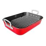 Roaster Pan with Rack Nonstick Roasting Baking Pan with Handle Carbon Steel Barbecue Baking Pans for Roasting Turkey Chicken Vegetables Beef Seafood Pasta Christmas Theme Party etc(15.7Inch)