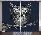 Ambesonne Indie Curtains, Owl with Vintage Style Ornaments Wisdom Creature of Night, Living Room Bedroom Window Drapes 2 Panel Set, 108" X 84", Charcoal Grey