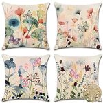 OTOSTAR Set of 4 Waterproof Outdoor Decorative Throw Pillow Covers 18x18 Inch Linen Pillow Covers Square Watercolor Floral Cushion Case Garden Pillowcase for Patio Couch Tent (Butterfly and Flowers)