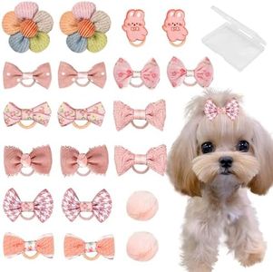 20 Pcs Small Dog Hair Bows with Rubber Bands Handmade Puppy Hair Bows Cute Grooming Flower Ball Bowknot Top Knot Dog Hair Accessories Hair Ties for Yorkie Maltese Pet (Pink) ﻿