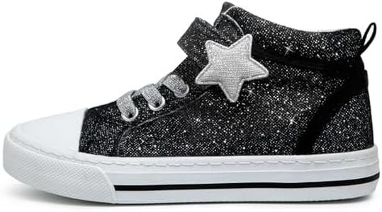 HugRain Toddler Girls Boys Sneakers Walking Shoes for Little Kids Sparkle Glitter Star Canvas Casual Slip On High Top Adjustable Hook Loop Straps Velcro Non-Slip Lightweight Elastic band Black size 13