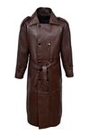 Double Breasted Trench Men's Full-Length Overcoat Real Napa Leather Jacket Coat (L, Brown)