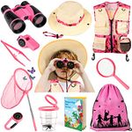 INNOCHEER Kids Explorer Kit - Bug Catcher Kit & Safari Costume for Boys Girls, Outdoor Exploration Set with Butterfly Net Binoculars for Kids 3-12 Years Old (Camouflage Pink)