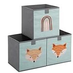 Navaris Kids Storage Cubes (Set of 3) - Storage Boxes 11x11x11 with Animal Designs - Children's Cube Bins Fabric Organizer Bin - Green Fox