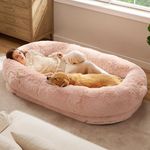 Bedsure Human Dog Bed for People Adults, Calming Human Size Giant Dog Bed Fits Pet Families with Memory Foam Supportive Mat and Storage Pocket, Fluffy Faux Fur Orthopedic Dog BeanBed, Pink