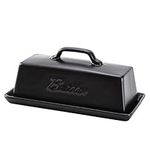 Bruntmor Ceramic Butter Dishes with Lid. Butter Holder/ Tray/ Storage with Lid and Handle. Porcelain Butter Keeper for Countertop. Butter Dish with Cover in Black Color.