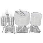 Prestee 600 Piece Silver Plastic Dinnerware Set (100 Guests), 100 Dinner Silver Plastic Plates, 100 Salad Silver Plates, 300 Silver Plastic Silverware, 100 Silver Plastic Cups, Disposable Party Pack