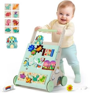 TERRAMUS Wooden Baby Walker, Dinosaur Toddler Push Walker, Montessori Learning Activity Center for Boys Girls, Develops Motor Skills Sit-to-Stand Toys Multifunctional Educational Gifts for Kids Infant