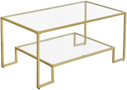 VASAGLE Mesa de Centro de Vidrio, Mesa de Café con Almacenamiento, para Salón, Superficie de Vidrio Templado, Marco de Acero, 55 x 100 x 45 cm, Color Dorado LGT033A01