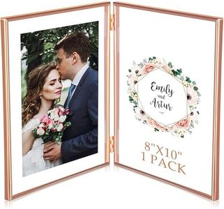 Sintuff 8" x 10'' Brass Double Picture Frame Clear Double Folding Hinged Frame Acrylic Memorial Photos Displayed Stand for Desktop Artwork Plants Specimen Wedding Graduation Gifts (Rose Gold)
