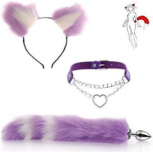 Three Sizes Faux Fox Tail & Purple-White Cat Ears Headband with Heart Collar for Costume Party Cosplay