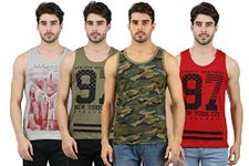 JUGULAR Men's Cotton Printed Vest (Pack of -4) (Small, Gry,Olive Green,Army Green,Red)