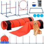 VEVOR Dog Agility Training Equipment, 7 PCS Set Upgrade w/Adjustable High Hurdles,6 Weave Poles,2 Tunnels,Jump Ring,Pause Box,3 Frisbee,Whistle,Foldable Bowl,Puppy Obstacle Course Kit w/ 3 Bags