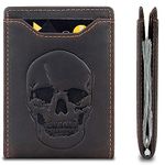 DK86 Men's Slim Wallet with Money Clip RFID Blocking Front Pocket wallet Genuine Leather, vintage coffee with skull a, Skull Wallet