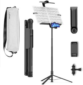 KraftGeek 66" Portable Music Stand Kit for Music Sheet, Travel Music Stand Full Set Includes Carry Bag, Light, Phone Mount