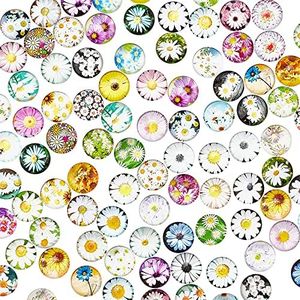 PH PandaHall 100pcs Cabochons Round Mosaic Tiles Daisy Patern Half Round Mosaic Printed Glass Dome Cabochons for Photo Pendant Jewelry Making, 12mm