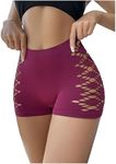 OYOANGLE Women's Cut Out Mid Rise Boyshort Panties Solid Plain Criss Cross Seamless Underwear Red Violet Large