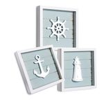 TideAndTales Nautical Wall Decor (7"x7") with 3D Anchor, Lighthouse and Ship Wheel - Rustic Beach Bathroom Ocean Home Decorations - Coastal Theme Nautical Gifts - Framed Set of 3