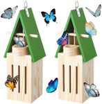 Newtay 2 Pcs Butterfly House and Feeder Butterfly Feeder Wooden Butterfly House Butterfly Habitat with Hooks for Hanging Outdoor Garden Outside Decor