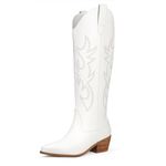 Women's Embroidered Western Cowboy Boots Knee High Stitching Almond Medium Heel Chunky Heel 5cm Pointed Toe Fashion Retro Classic Boot Pull-On, White, 7