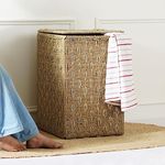 SIROHI Gold and Jute Laundry Basket - 75 Litres | Sustainable Handwoven Organizer with Lid for Clothes | Multipurpose Storage Box for Bedroom (Adult - Medium)