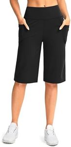 SANTINY Women's High Waisted 12" Bermuda Shorts with Pockets Athletic Workout Long Shorts for Women Knee Length, Black, X-Large