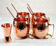 ESPLANADE Moscow Mule Cocktail Copper Mugs - Set of 4 Mugs, 4 Copper Straws, and a Peg Measurer (Mules Hammered with Modern Handle)