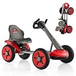 GYMAX 12V Kids Ride On Car, Foldable Electric Go Kart with Adjustable Steering Wheel & Seat, LED Light, Slow Start and Cup Holder, Children Racing Go Kart for 2-5 Years Old Boys Girls (Red)