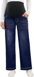 OUGES Women's Stretchy Maternity Jeans Cotton Blend Relaxed Straight Leg Fit Over Belly High Waist Denim Business Casual Work Maternity Pants Mom Jeans Maternity Clothes with Pockets(Dark Blue,S)