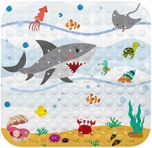 Square Non-Slip Bath Mat for Tub & Shower, 54x54 cm (21"x21") Soft PVC Floor Mat with Drain Holes, Quick-Dry Antibacterial Bathtub Safety Mat for Kids, Elderly, Adults, Machine Washable (Shark Design)