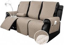 Hiiksolo Waterproof Recliner Chair Cover with Lumbar Roll Pillow, Recliner Cover Non-Slip Storage Pockets FurnitureProtecto Dogs (Dark Gray, 22") (Khaki, 3 Seater)
