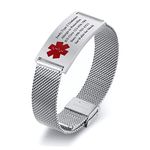 VNOX Personalized Medical ID Bracelet, Free Custom Medical Alert Bracelets for Men Women, Stainless Steel Mesh Band Adjustable SOS Emergency Name Identification Wristband