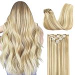 GOO GOO Clip in Hair Extensions Real Human Hair, 16inch 120g 7Pcs, #18A/613A Dark Blonde Highlighted Bleach Blonde, Remy Human Hair Extensions Clip ins for Women, Natural Human Hair