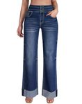 roswear Women's High Waisted Stretchy Wide Leg Jeans Cuffed Baggy Jeans Loose Denim Pants, Blue, M