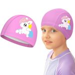 BendJoy® Unicorn Printed Swimming Cap for Kids, Waterproof PU Soft Kids Swimming Bathing Cap, Elastic Swimming Cap with Coating Cartoon Pattern for Children Kids Boys, Girls (Pink)