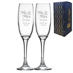 Personalised Engraved Wedding Champagne Glass Set with Mr and Mrs, Any Message and Any Date, Two 7oz/207ml Custom Champagne Glasses, Engraved in The UK