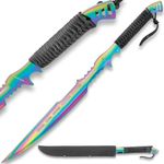 Black Legion Atlantis Fantasy Sword with Sheath - One-Piece Stainless Steel Construction, Rainbow Titanium Coating, Black Cord-Wrap - Length 28"