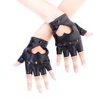 JISEN Women Punk Half Finger PU Leather Performance Snap Gloves A-Black