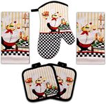 Lobyn Value Packs - Charming 5 Piece Kitchen Towel Set: Chubby Uniformed Chef Design, includes 2 Decorative Dish Towels (25x15) 1 Oven Mitt and 2 Potholders (6.5 Sq)