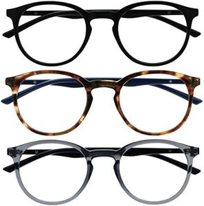 OPULIZE Met Gafas con Bloqueo de Luz Azul Pack de 3 Montura Redonda Negra Marrón Resistente a Arañazos Bisagras de Muelle Ordenador Gaming Antirreflejante Hombre Mujer BBB60-12C +0.00