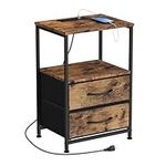 Nightstand with Charging Station End Table with USB Ports and Power Outlets Bedside Table with 2 Drawers and Storage Shelves Industrial Small Side Table for Living Room, Bedroom (Brown)